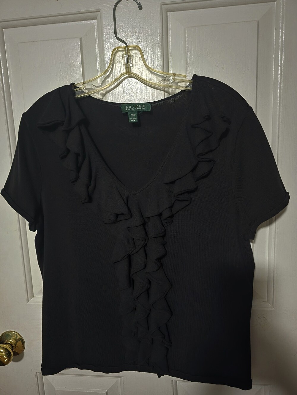 Lauren Ralph Lauren Black Ruffle V-Neck Short Sleeve Blouse